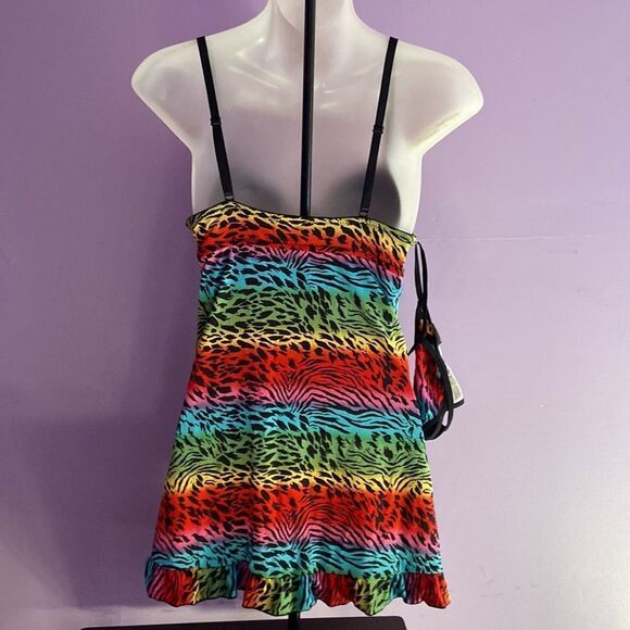 Rampage Rainbow Animal Print Babydoll Set Size M Women's Lingerie Thong - Picture 2 of 4